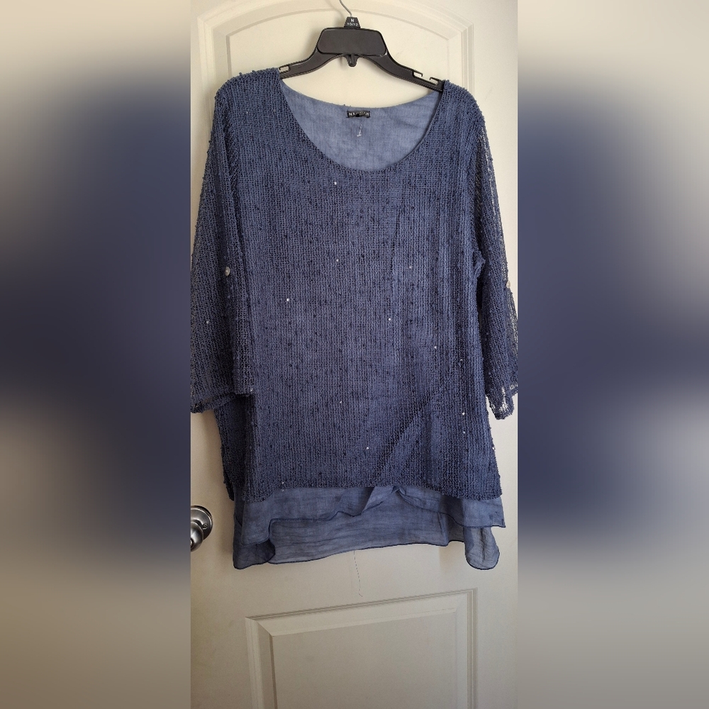 Hannah navy blue mesh sweater formal party night out cocktail sz XL church boho
